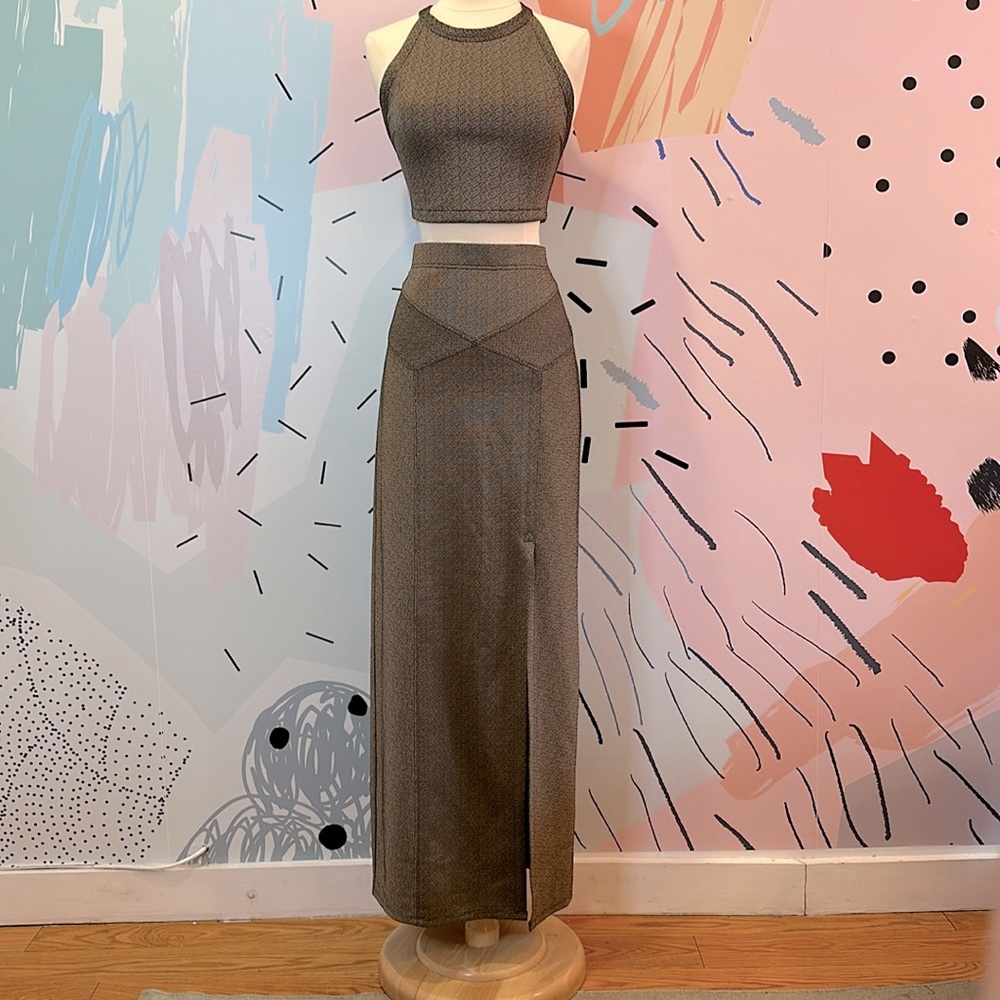 Free People Metallic Sculptural Maxi Skirt and Cropped Halter Set